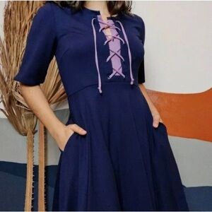 Anthropologie Maeve Purple Dress with Lavender corset Lace-Up bow tie